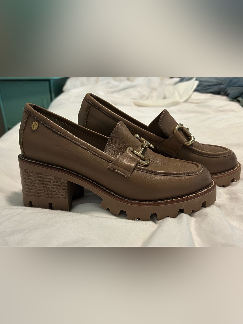 Women's Brown Leather Lug-Sole Loafers with Metal Bit Detail